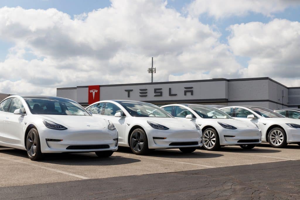 A row of white Tesla Model 3s parked outside of a Tesla dealership. 