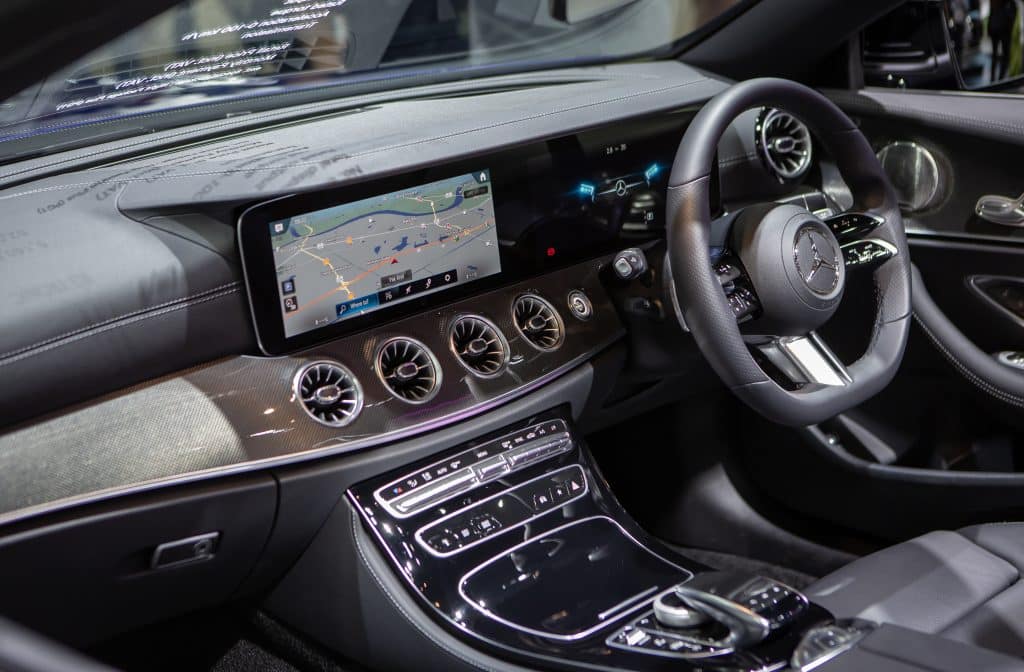 Interior of 2021 Mercedes Benz E-Class, affected by the latest recall.